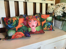 Load image into Gallery viewer, &quot;Red hair and flowers&quot; polyester twill throw cushion with insert