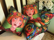 Load image into Gallery viewer, &quot;Red hair and flowers&quot; polyester twill throw cushion with insert