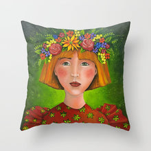 Load image into Gallery viewer, &quot;Red hair and flowers&quot; polyester twill throw cushion with insert