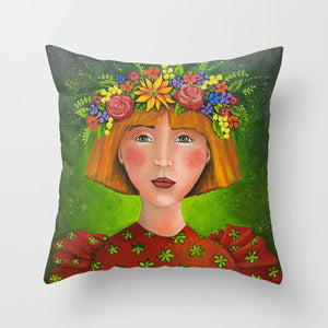 "Red hair and flowers" polyester twill throw cushion with insert